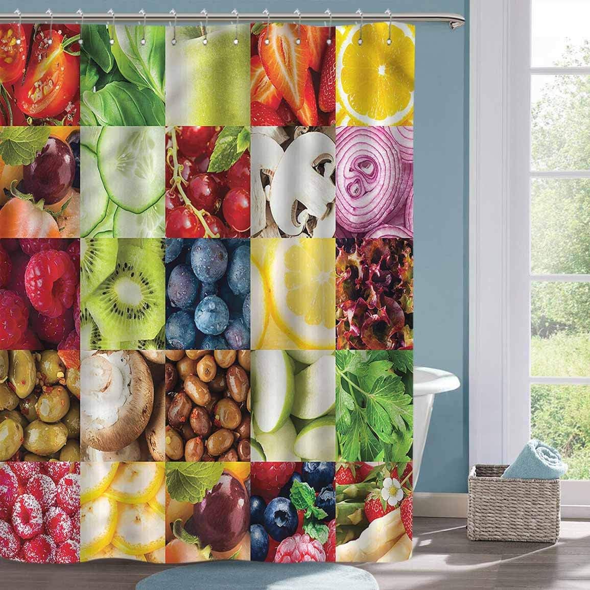Kids Shower Curtain Colorful Fruits Vegetables Collage Home