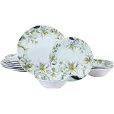 Yinshine 12pcs Melamine Dinnerware Set, Unbreakable Plates and Bowls | Dishwash Safe and Shatterproof ,Elegant Lily Dishes, Everyday Dining, Outdoor Picnics and RV Camping