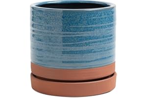 HERDUK 6 Inch Plant Pots, Ceramic Planter Pot with Drainage Hole & Saucer, Indoor/Outdoor Cylinder Round Planter Pot, Aqua Blue & Terracotta Red