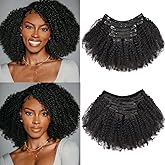 Afro Kinky Curly Clip in Hair Extensions Real Human Hair(12 Inch)8Pcs with 18 Clips 120g/set 10A Brazilian Remy Hair,4B 4C Kinky Curly Clip Ins for Black Women Natural Color