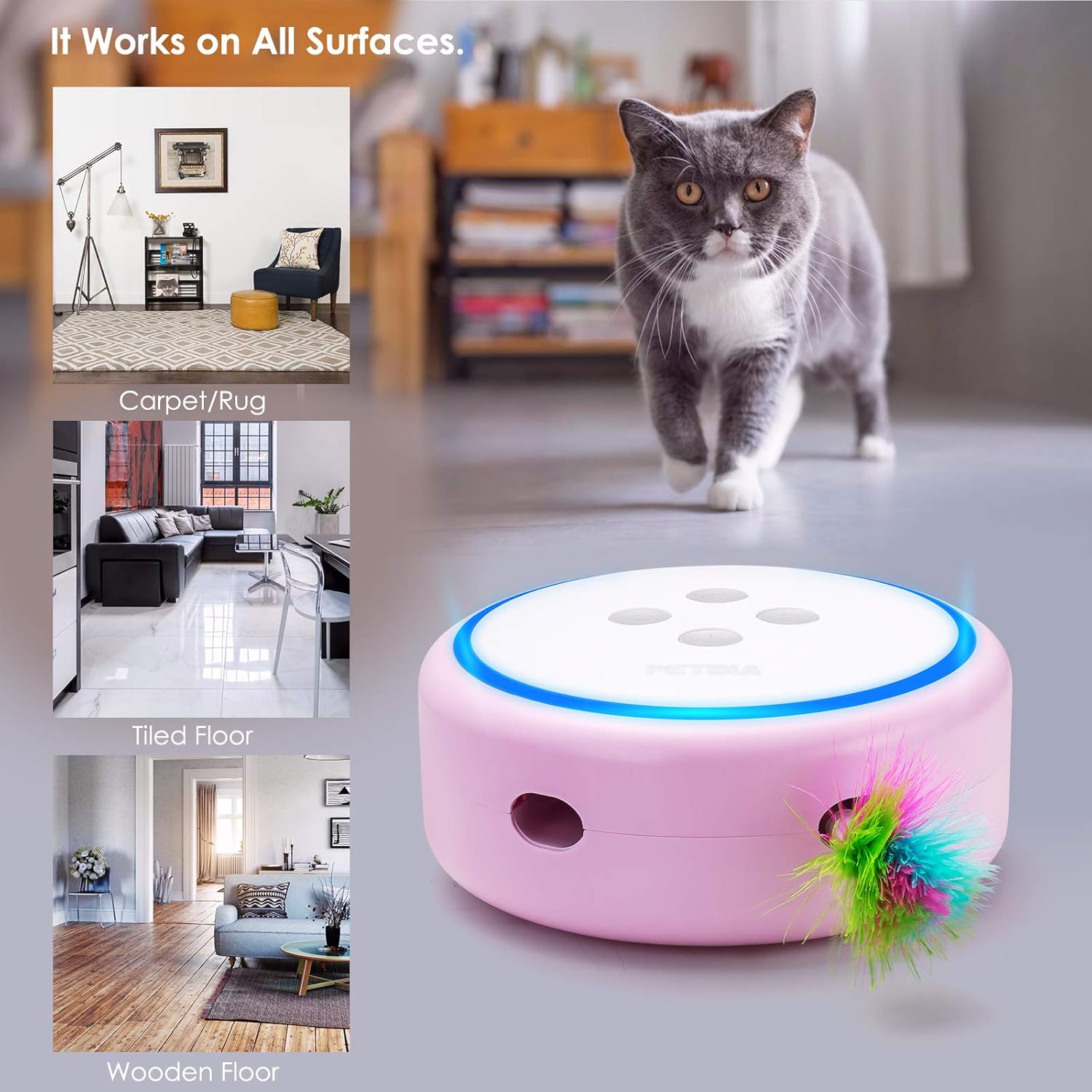 PETBIA Interactive Cat Toy, Electronic Automatic Cat Toys with Random Rotating Feather Pop and Play for Cats (15 Minutes Auto-Shut Off/Continuous Plays Available) - Pink : Pet Supplies