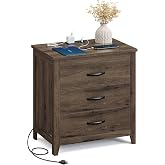 VASAGLE 23.6‑Inch Farmhouse Nightstand with Charging Station, 3 Drawers | Bedside Table, Side Table with 3 Drawers, for Bedroom, Taupe Brown, LIRY Collection ULET679T01