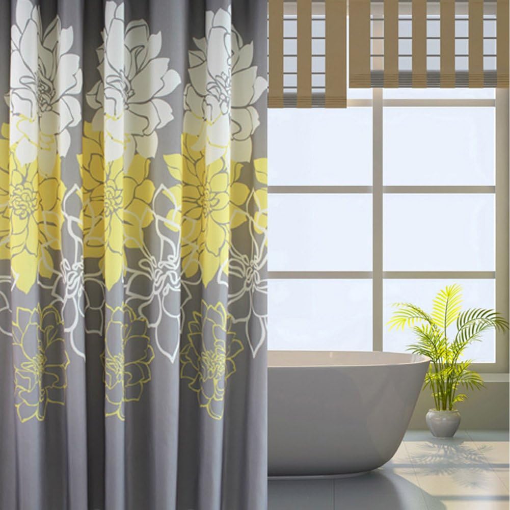Sfoothome 180cm Wide x 200cm Long Gray Backgroud and Yellow Followers Printed Shower Curtain,Waterproof Polyester Fabric Shower Curtain Liner - Image 3