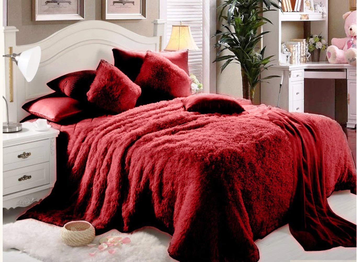 Comfy Luxe Faux Fur 6 Pieces Blanket Comforter Set King Red