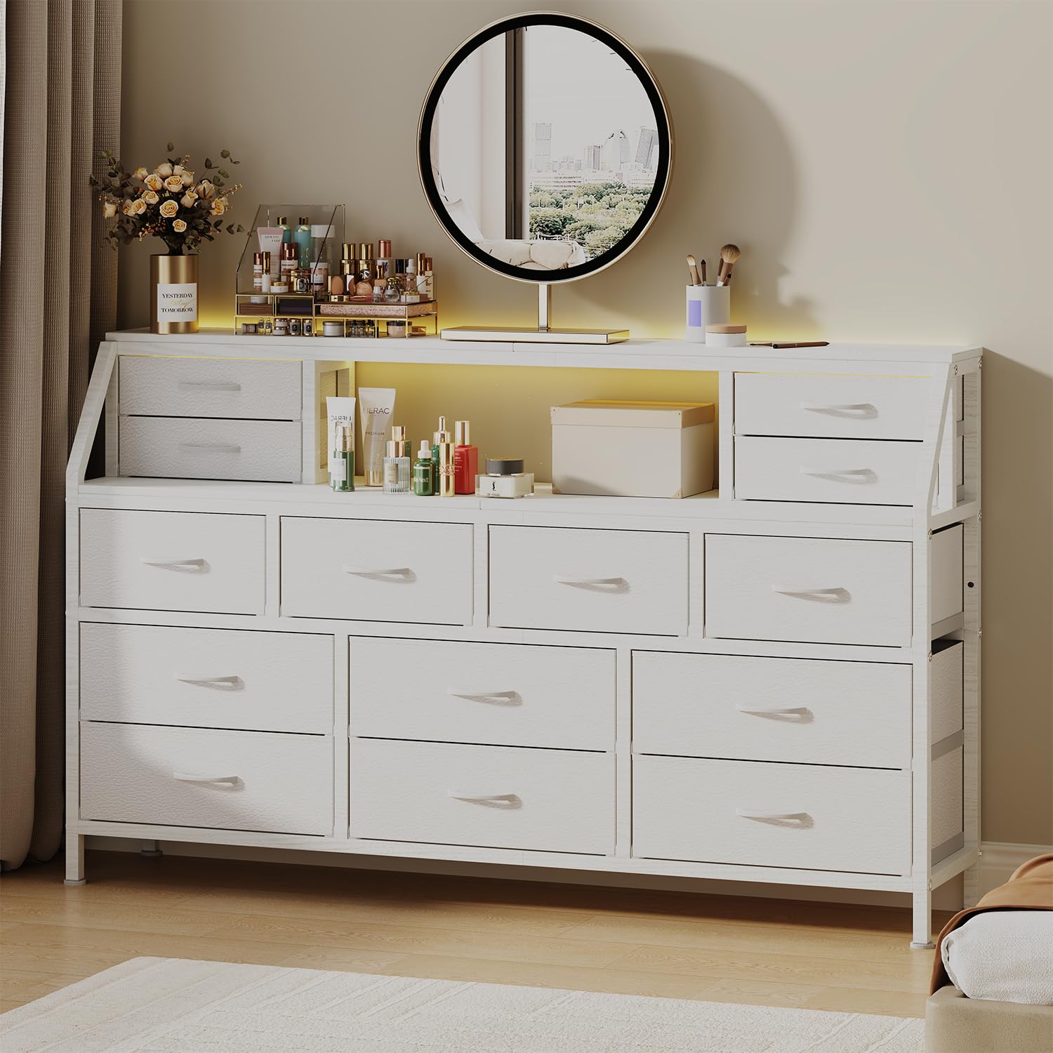 View 1 of **AS IS, FINAL SALE** DrawXynth Dresser for Bedroom, 55" TV Stand with 14 Drawers, Long Dresser & Chests of Drawers with Shelves & Sturdy Metal Frame & Wood Top (White)