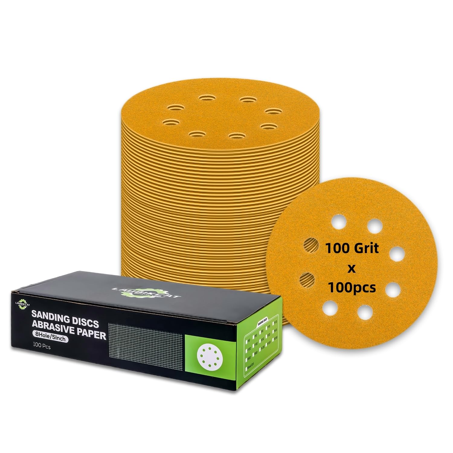100 pcs Sanding Discs - 5 inch/125 mm, 8 Holes, Hook and Loop Sanding Pads for Random Orbital Sanders,Yellow-100 Grit — image 1