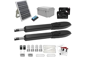JUJIANG C026 Solar Gate Opener with Batteries & Solar Panel for Dual Swing Gates Up to 1540lb Automatic Gate Opener with Remote Complete Kit Medium Duty Electric Gate Opener Solar Powered 60W Motor