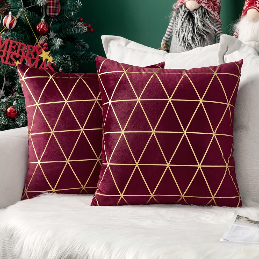 MIULEE Christmas Velvet Cushion Covers Gilded Modern Throw Pillow Cover Square Decorative Wine Red and Gold Pillows with Gold Lines Soft for Sofa Living Room Bedroom 20 x 20 Inch 50 x 50 cm Pack of 2