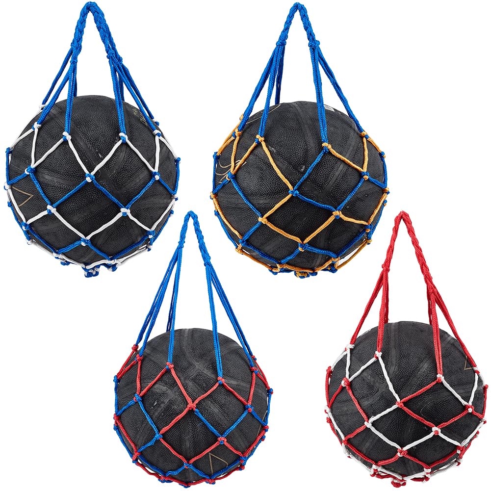 CREATCABIN 4Pcs 4Mixed Color Basketball Net Bags Football Mesh Bag Polyester Storage Sports Ball Holder Carry Bag Single Ball Carrier Training Equipment Bags for Hoop Volleyball Soccer Rugby 55x22.5cm