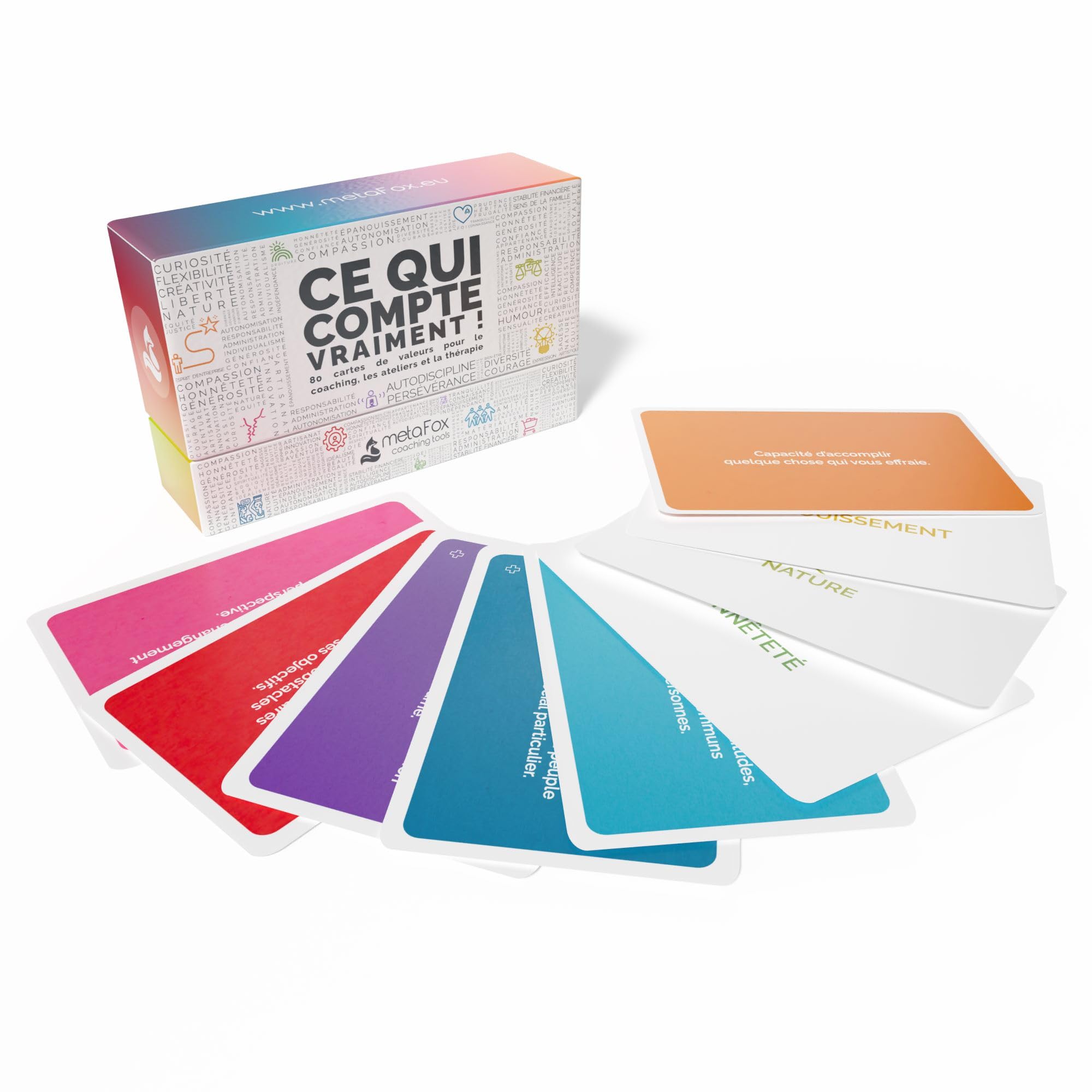 Carte Coaching metaFox Ce qui compte vraiment ! - 80 Cartes de valeur Pour le Coaching, les ateliers et la thérapie - Pour découvrir, hiérarchiser et Vivre selon ce qui compte vraiment Pour Vous.
