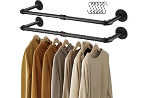 GREENSTELL Clothes Rack Wall Mounted, 36.2 Inch Industrial Pipe Clothing Rack, Space-Saving Closet Rod, Multi-Purpose Hanging Rod for Bedroom, Laundry Room, 2 Base (2 Pack)
