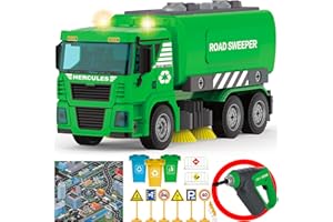 MOBIUS TOYS Street Sweeper Toy - 130 Pcs Friction Power STEM Take Apart Toys with Drill, Push & Go Lights & Sounds for Kids - Sanitation Trash Construction Vehicle Playset for Boys Ages 4 5 6 7 8 Years Old