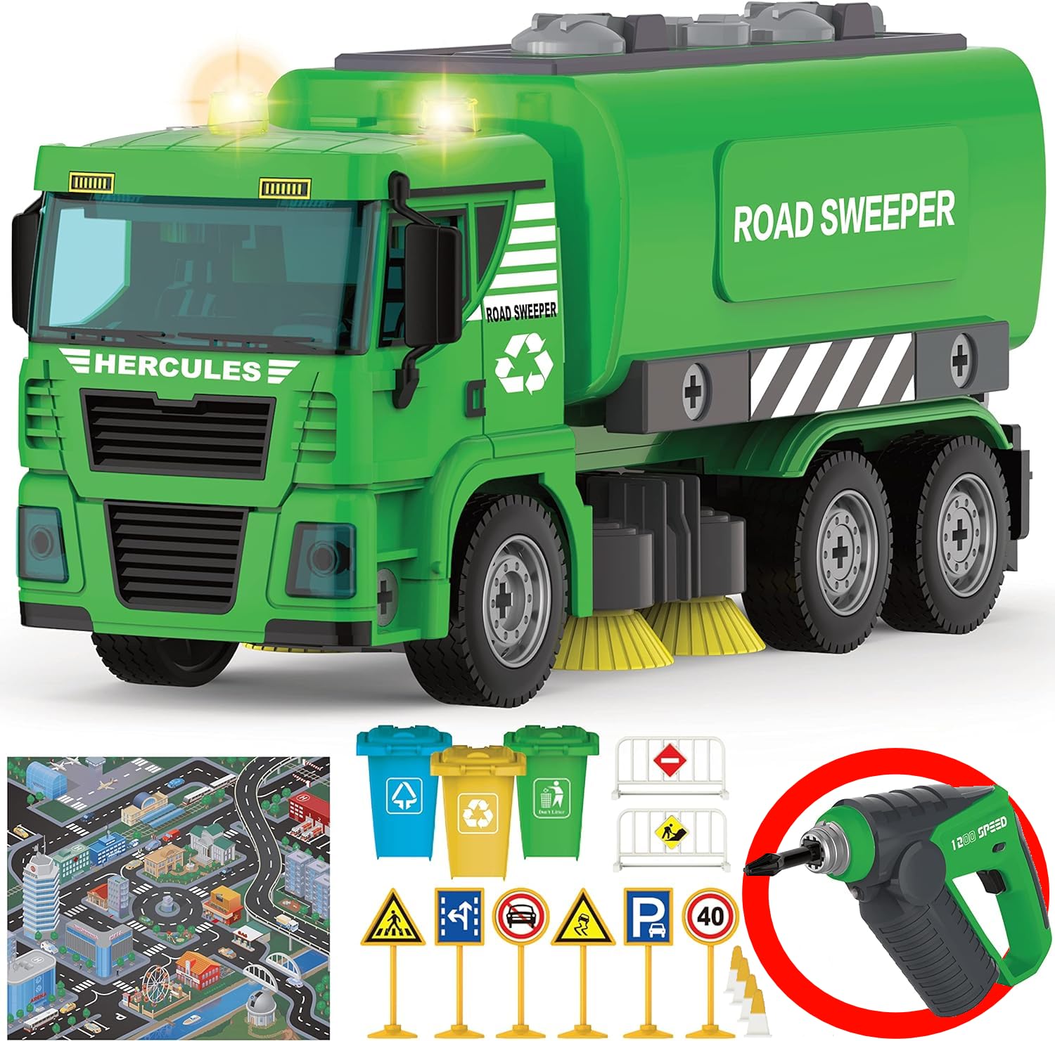 Street Sweeper Toy - 130 Pcs Friction Power STEM Take Apart Toys with Drill, Push & Go Lights & Sounds for Kids - Sanitation Trash Construction Vehicle Playset for Boys Ages 4 5 6 7 8 Years Old