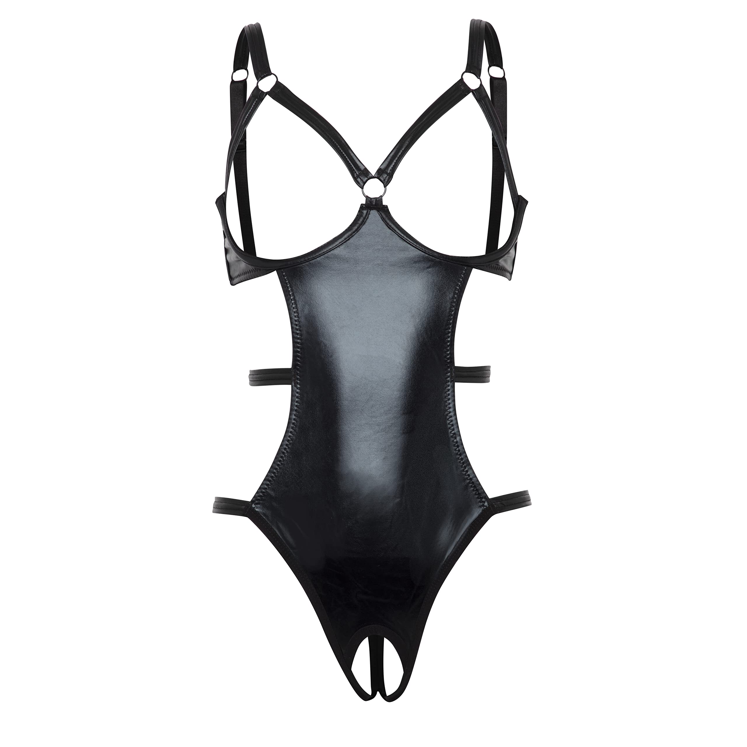 Lovehoney Lingerie Fierce Collection Black Wet Look Open Cup Body - One Size Queen (18-24)