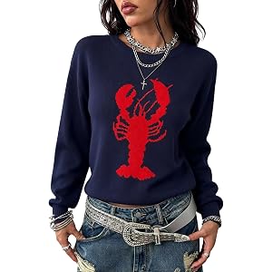 SOLY HUX Women's Graphic Lobster Sweaters Lightweight Knit Pullover | Crewneck Tops, Long Sleeve Funny Shirts