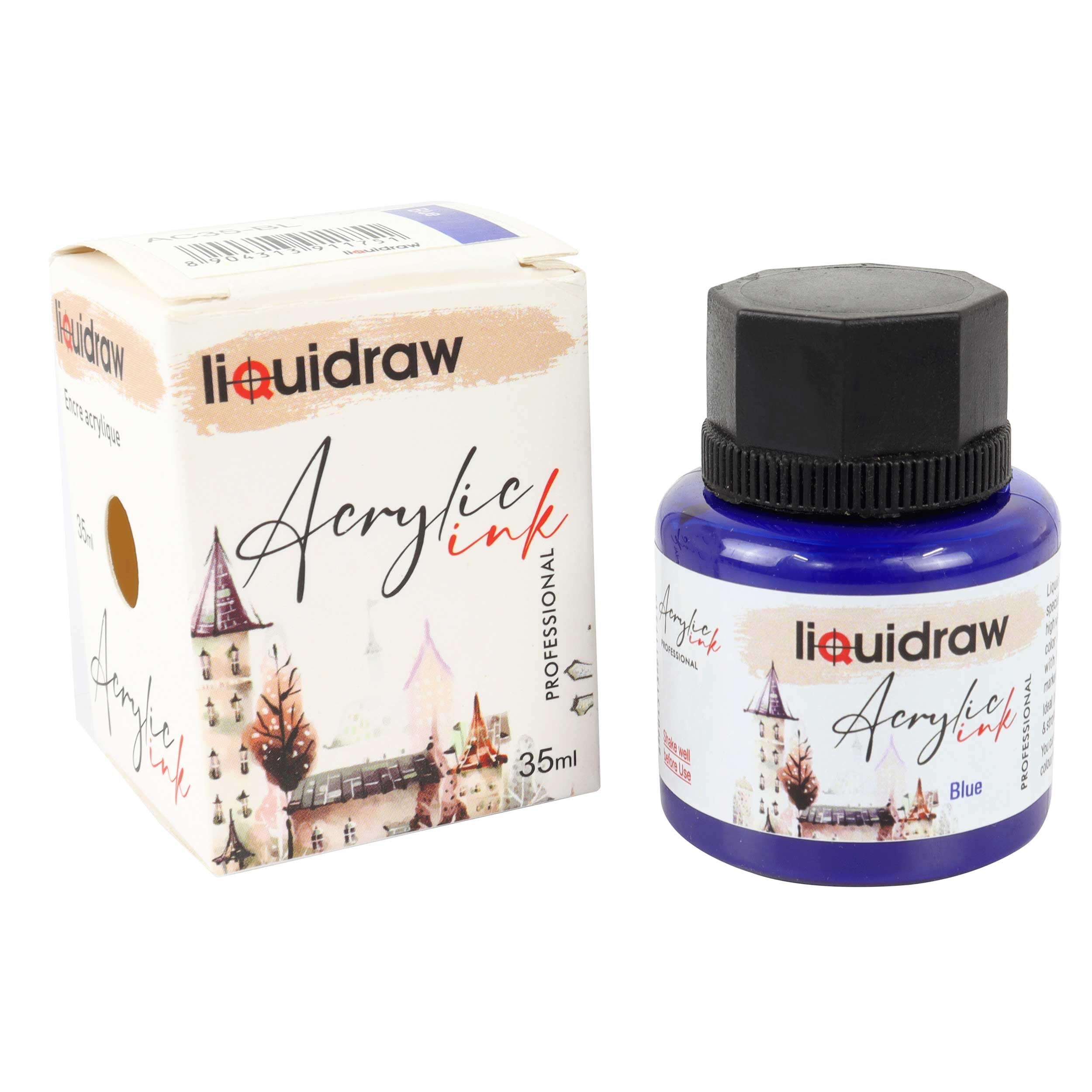 Liquidraw Acrylic Inks for Artists 20 Colours Black White Available Waterproof Ink 35ml Professional for Painting, Drawing, Paints, Art, Brushes, Paper, Board, Canvas, Fabric & Wood (Blue)
