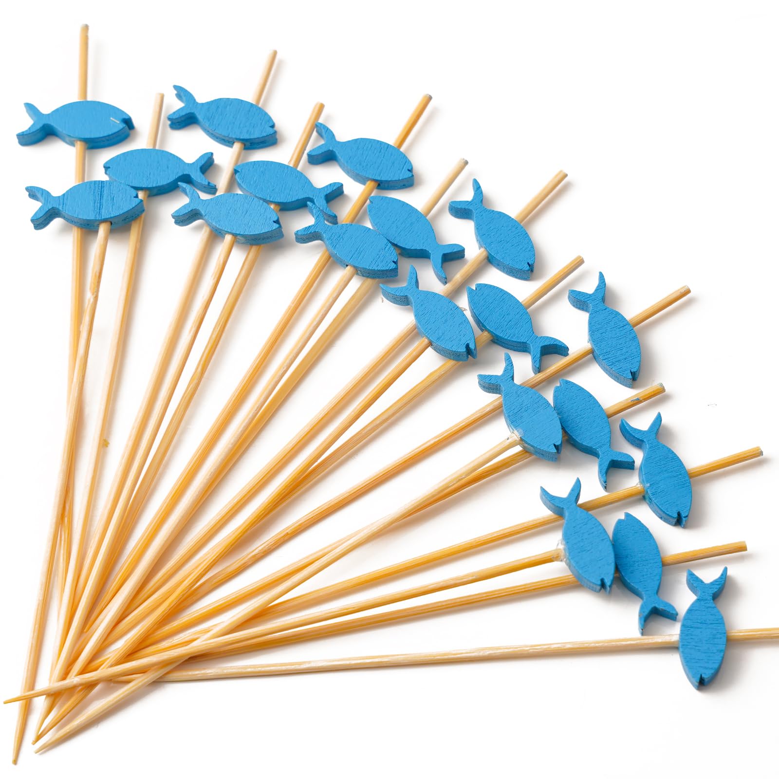 Photo 1 of PuTwo Cocktail Toothpicks 100 Counts Cocktail Picks Handmade Natural Bamboo Cocktail Sticks Eco-Friendly Appetizer Skewers for Cocktail Appetizers Fruits Dessert - Blue Fishes