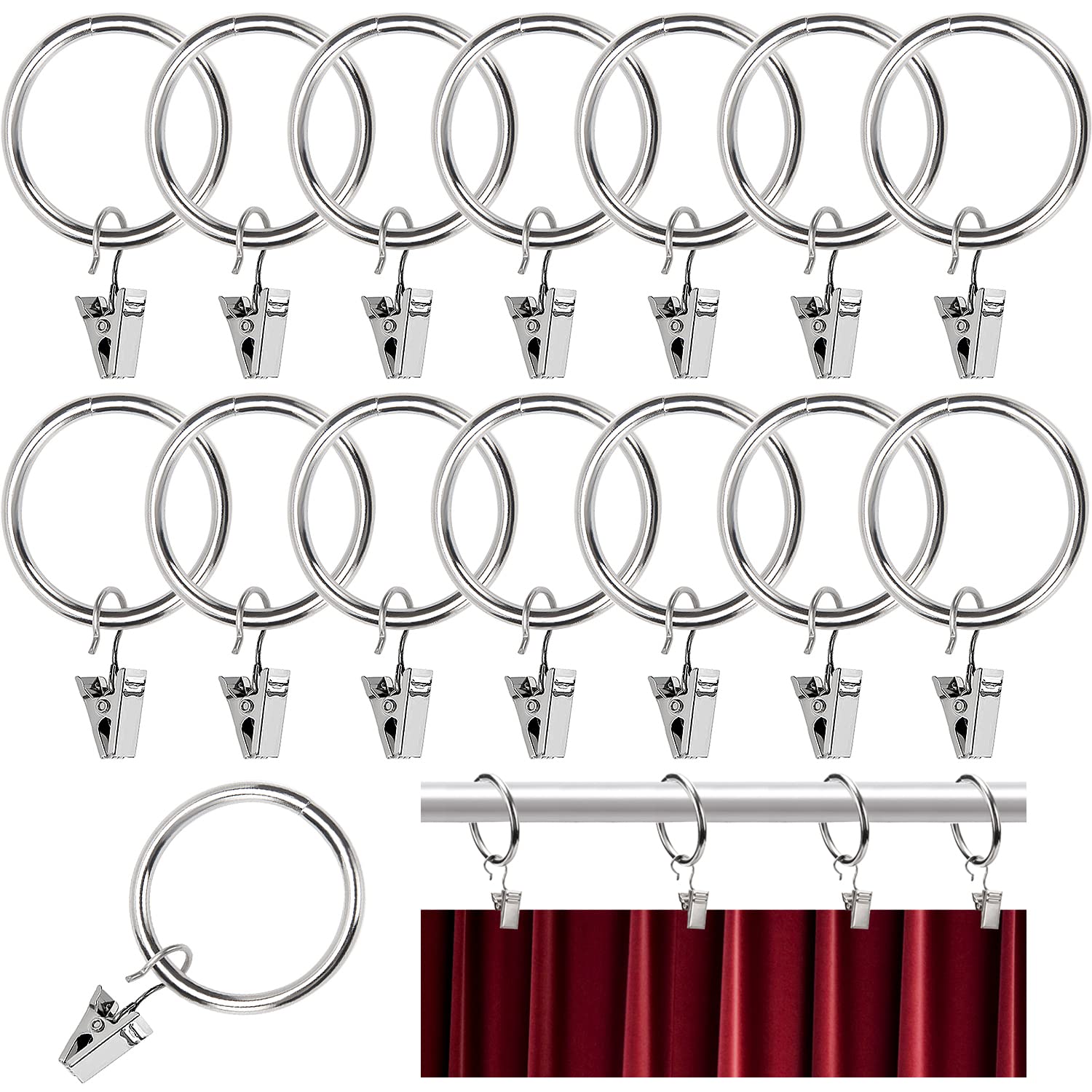 YIXISI 15 PCS Curtain Rod Rings, 32mm Rings with Clips, Shower Hooks, Light Hangers, for Curtains and Rods (Silver)