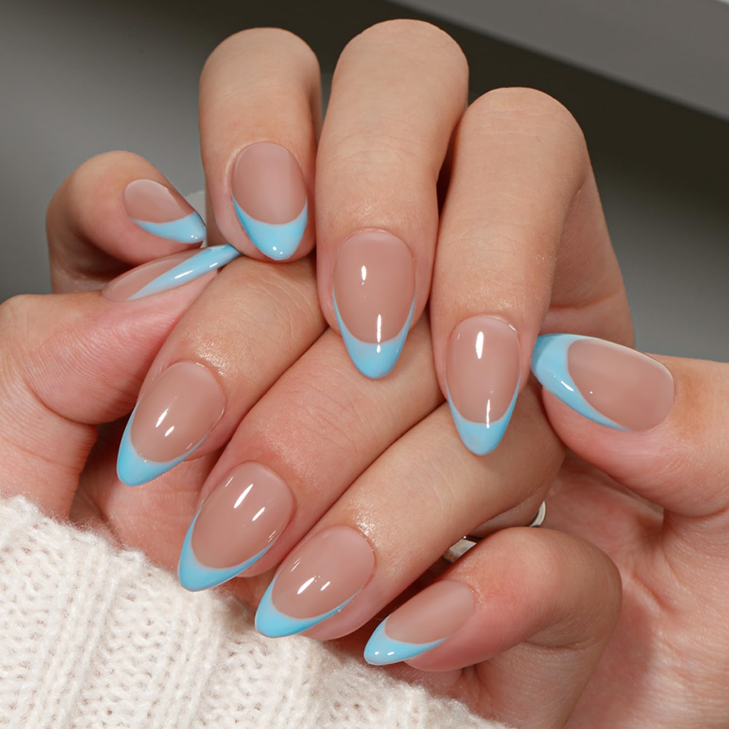 Photo 1 of KQueenest Baby Blue French Tip Press On Nails Short Almond, 30 Pcs Acrylic Press On Nails With Glue, Glossy Soft Gel Short Fake Nails Press ons, Reusable Natural Nude Glue on Nails for Women Weddings