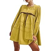 Burtell Women Flowy Long Puff Sleeve Mini Dress Casual Square Neck Lace Embroidered Babydoll Dress Bow Tie A-line Tunic Dress