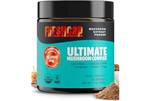 FreshCap Mushrooms Ultimate Mushroom Supplement Powder 12,000mg - Nootropic Organic Mushroom Complex for Focus & Memory, Brain Support Supplement, Ayurveda Mushroom Powder Extract (60 Servings)