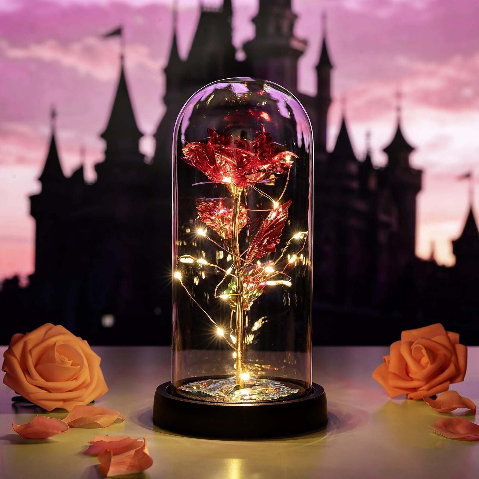 Beauty and the Beast Rose in Glass Dome Forever Rose Flower Kit Enchanted Light Best Gifts for Her Women Girls Adults Mums on Valentine, Mothers Day Wedding Anniversary Birthday