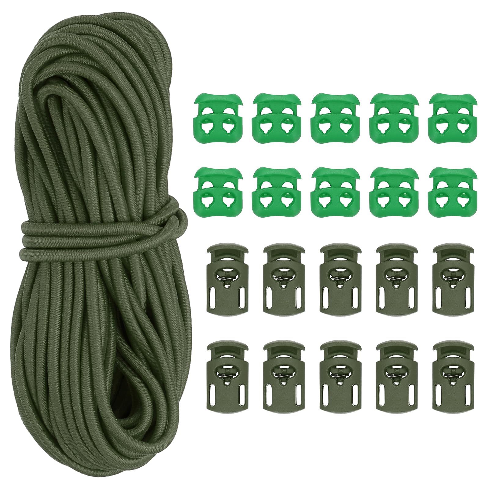 PATIKIL 16 Yard Elastic Bungee Cord & 10pcs Single Hole Cord Lock & 10pcs Double Hole Spring Toggle Stopper for Paracord Drawstring Shoelace Clothing Backpack Bags, Army Green