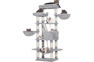 Heybly Cat Tree,68 inch Multi-level Cat Tower for Indoor Cats,2 Widened Plush Perches Cat Condo with Scracthing Board and Big Caves,Light Gray HCT025W