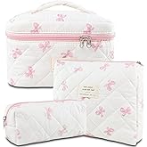 AMZMA Makeup Bag, 3 PCS Quilted Makeup Bag, Cute Floral Cotton Cosmetic Bag set, Coquette Makeup Pouch Large Travel Toiletry Bag