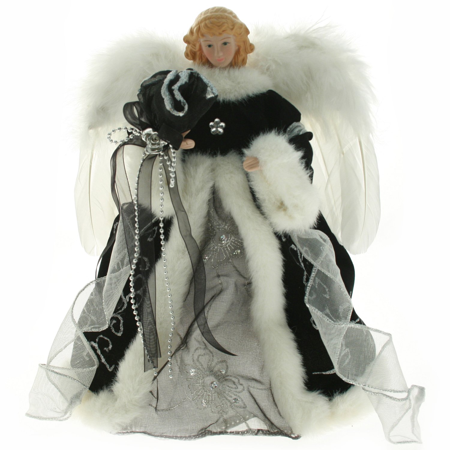 WeRChristmas 30 cm Angel Decoration Christmas Tree Top Topper with Feather Wings, Black/Silver