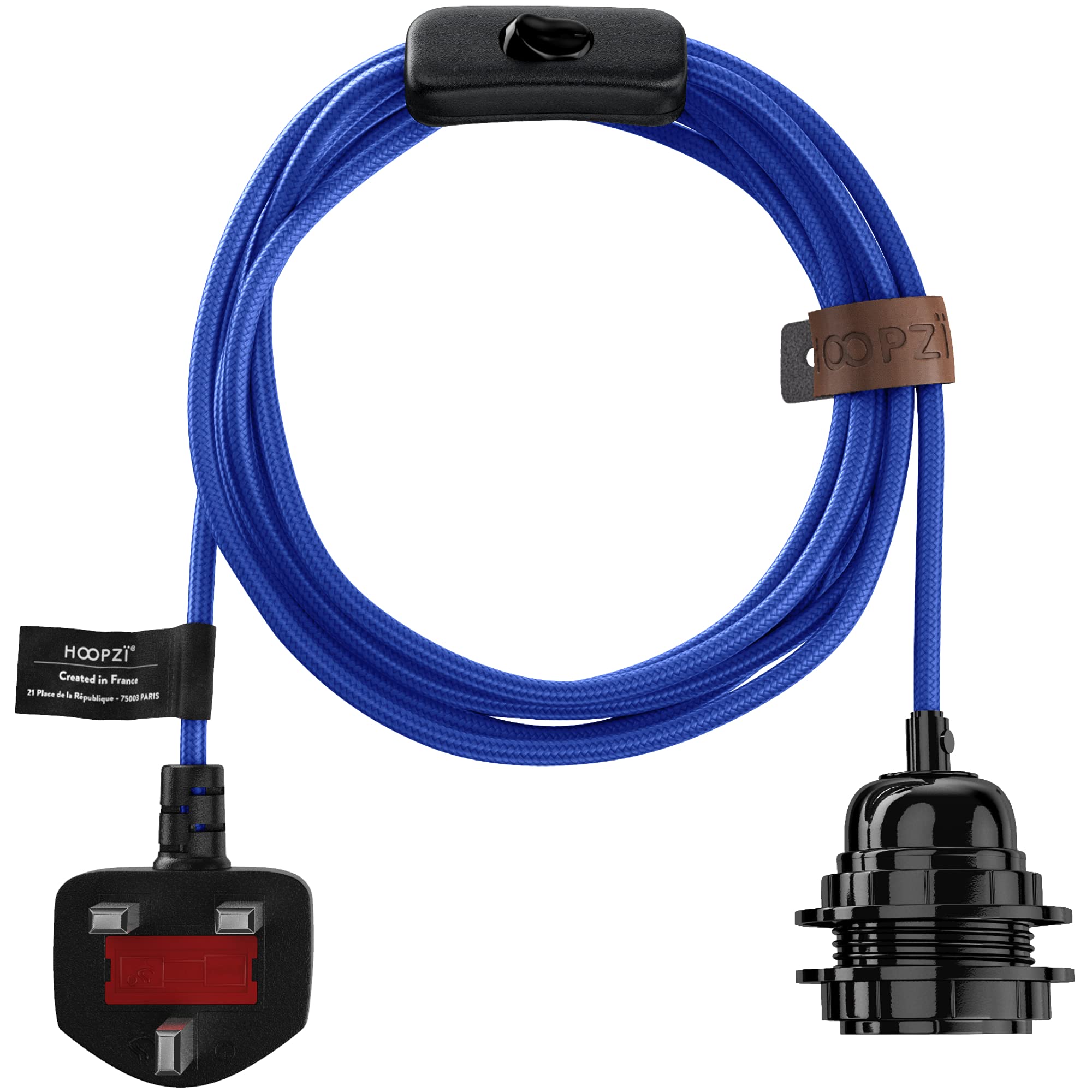 Hoopzi - Plug in Pendant Light to Light Up Your Home - 4.5M Fabric Electrical Cable - E27 Bulb Holder with Switch - Create Your Own Pendant Light, Portable Lamp, Hanging Lamp - BalaCobalt