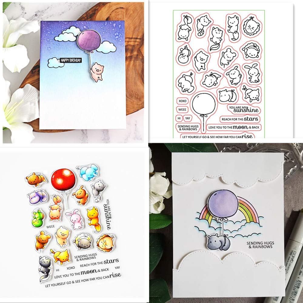 Sending Hugs Rainbows Xoxo Balloon Clear Stamps Cute Animal Rabbit Elephant Cat Hippo Pig Turtle Clear Stamp for Card Making Scrapbooking Crafts Embossing Stencil Photo Album Decor Paper Cards