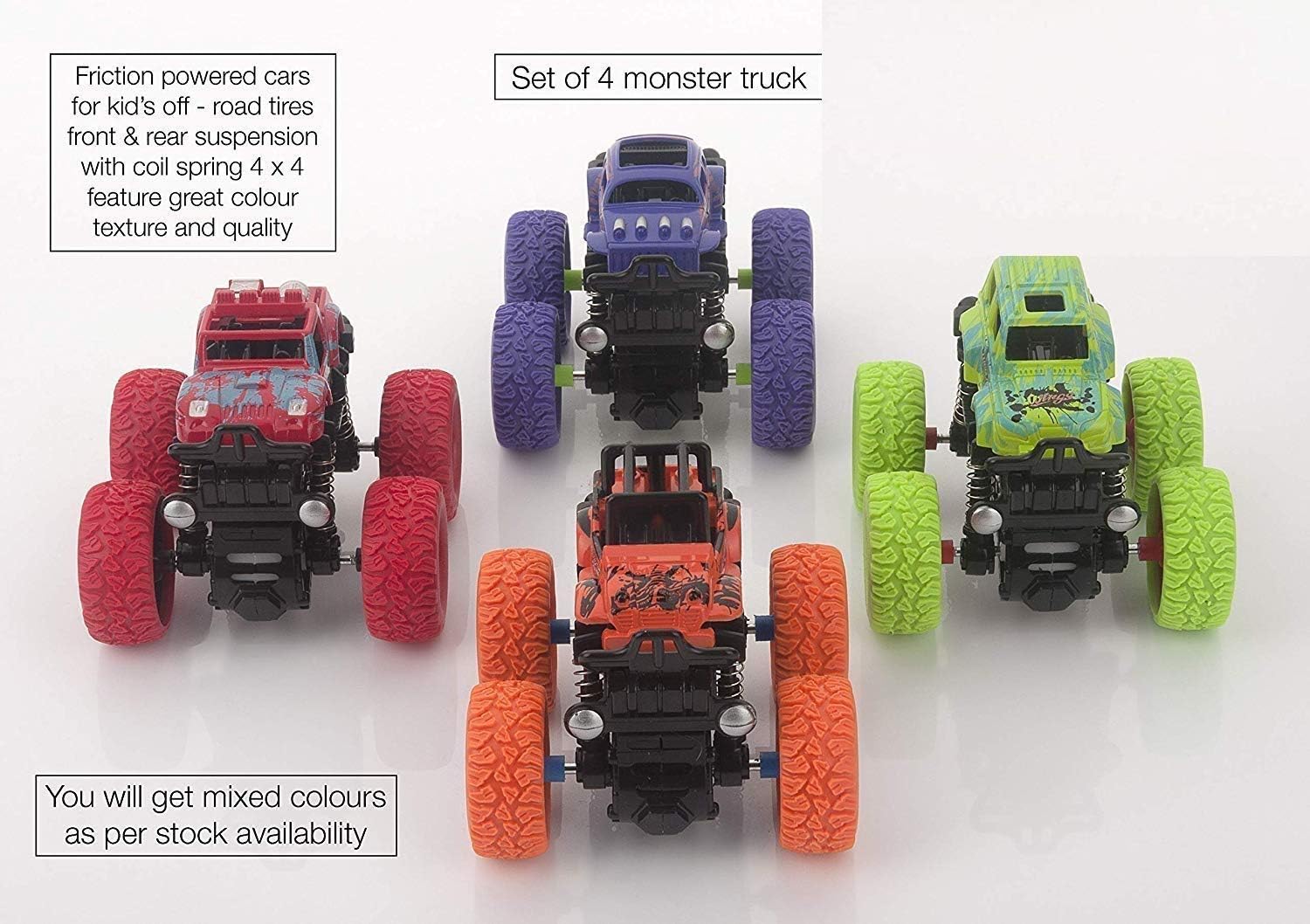 Supreme 4pc 4WD Mini Monster Trucks Friction Powered Cars for Kids Big Rubber Tires Baby Boys Super Cars Blaze Truck Children Gift Toys(Set of 4)