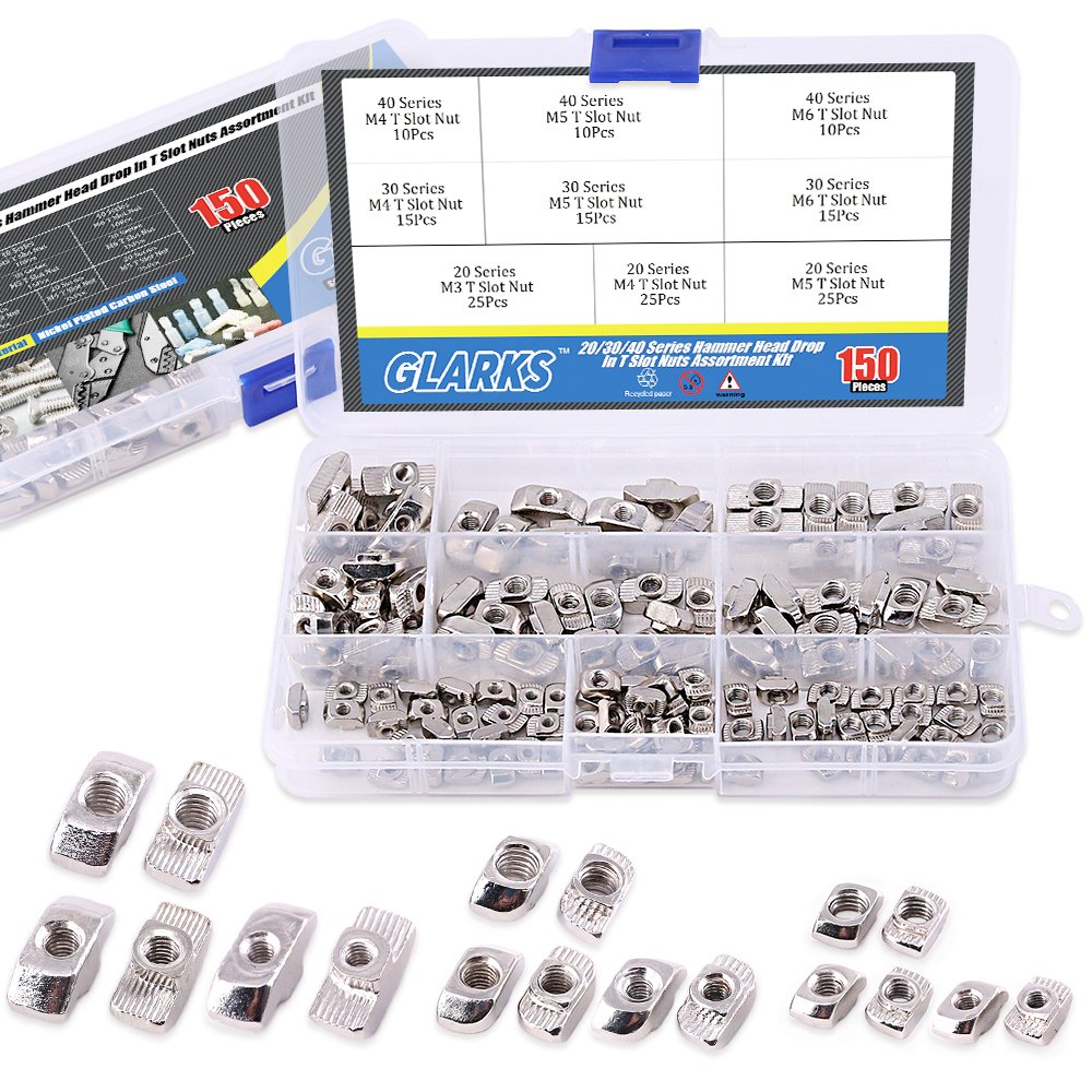 Glarks 150Pcs European M3 M4 M5 M6 Hammer Head Drop in T Nut Slot Assortment Kit for 20/30/40 Series Aluminum Profile - Nickel Plated Carbon Steel