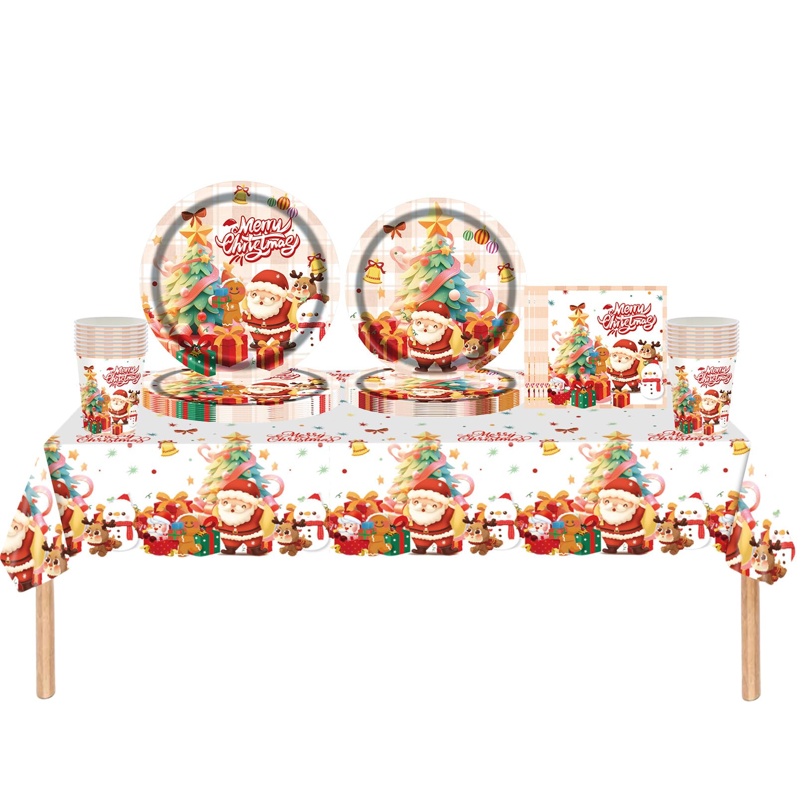 69pcs Christmas Paper Party Tableware Set Plastic Table Cloth,Paper Plates Napkins Serviettes and Cups,Merry Christmas Decorations Santa Elf Dinnerware Set for Winter Holiday Xmas Party Table Decor
