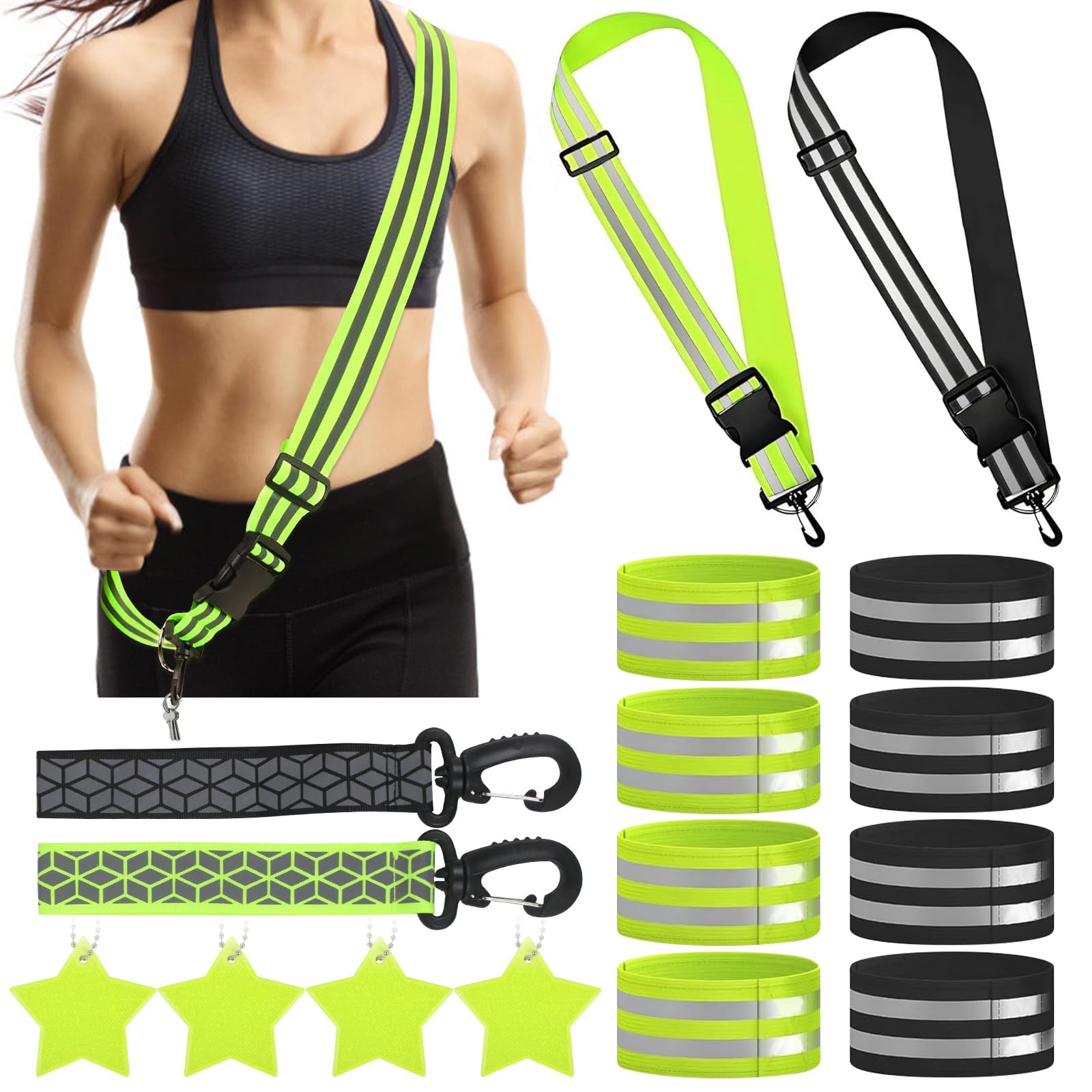 XINRANFF 16 Reflectors Clothing Set, 2 Reflector Belts Adjustable, 8 Elastic Reflective Bands, 4 Reflector Pendants, 6 Reflector Attachments, Running Belt for Children and Adults, Cycling, Jogging