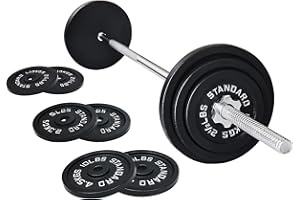 Fitvids Barbell Weight Set, Cast Iron 1" Standard Weight Plates Including 5FT Standard Barbell Bar & Star Locks, 45 Pounds Set (35 Lbs Plates + 10 Lbs Barbell Bar), Multiple Packages