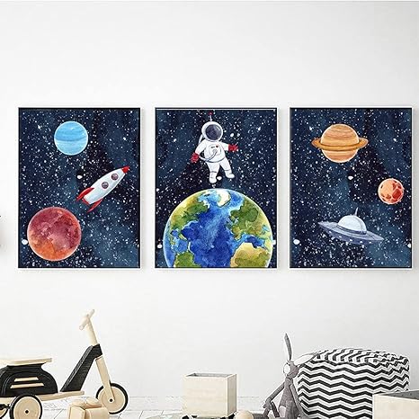 Amazon 保育園の壁アート キャンバス 絵画 ポスターとプリント 宇宙飛行士 惑星ロケット 地球スター 壁の写真 赤ちゃん キッズ ルーム インテリア 30x40cm 11x15インチx3 フレームなし ウォールステッカー オンライン通販