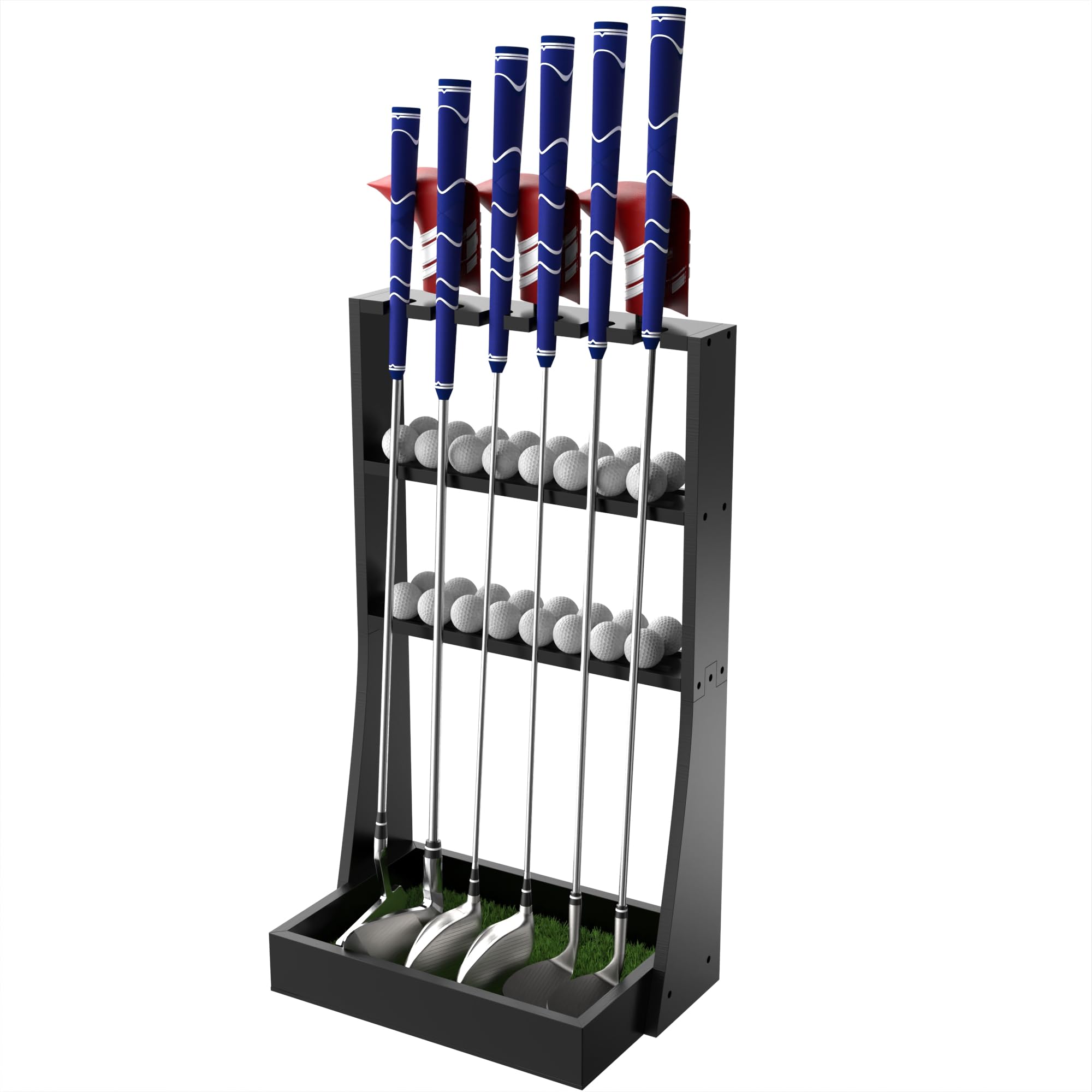 Photo 1 of Golf Club Holder, Golf Putter Stand with 36 Balls Tray Storage & 6 Clubs & 3 Golf Head Covers, Golf Club Stand Display Rack for Home Indoor Outdoor Office, Golf Club Organizer for Club Simulator