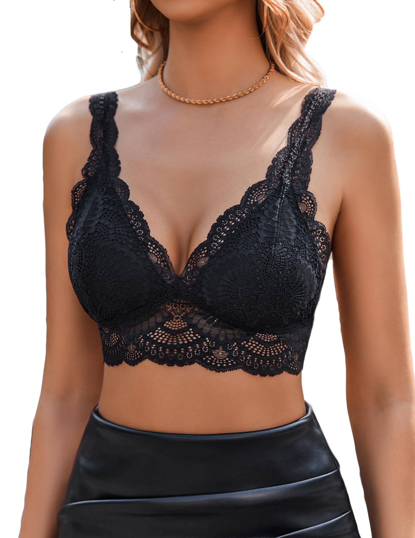 Photo 1 of Avidlove Lace Bralettes Womens Triangle Plunge Wireless Bras Camisole Tops Cami Strappy Sexy Soft (Black,M)
