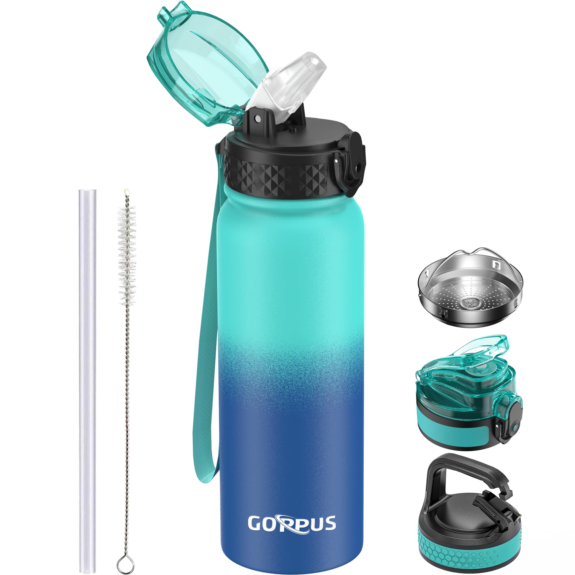 GOPPUS 600ml/20oz Stainless Water Bottle with Straw Double Wall Insulated Bottles with Strap One Hand Open Vacuum Thermal Flask Leakproof Keep Cold Bottles with Flip Top Lid BPA Free (Green Blue)