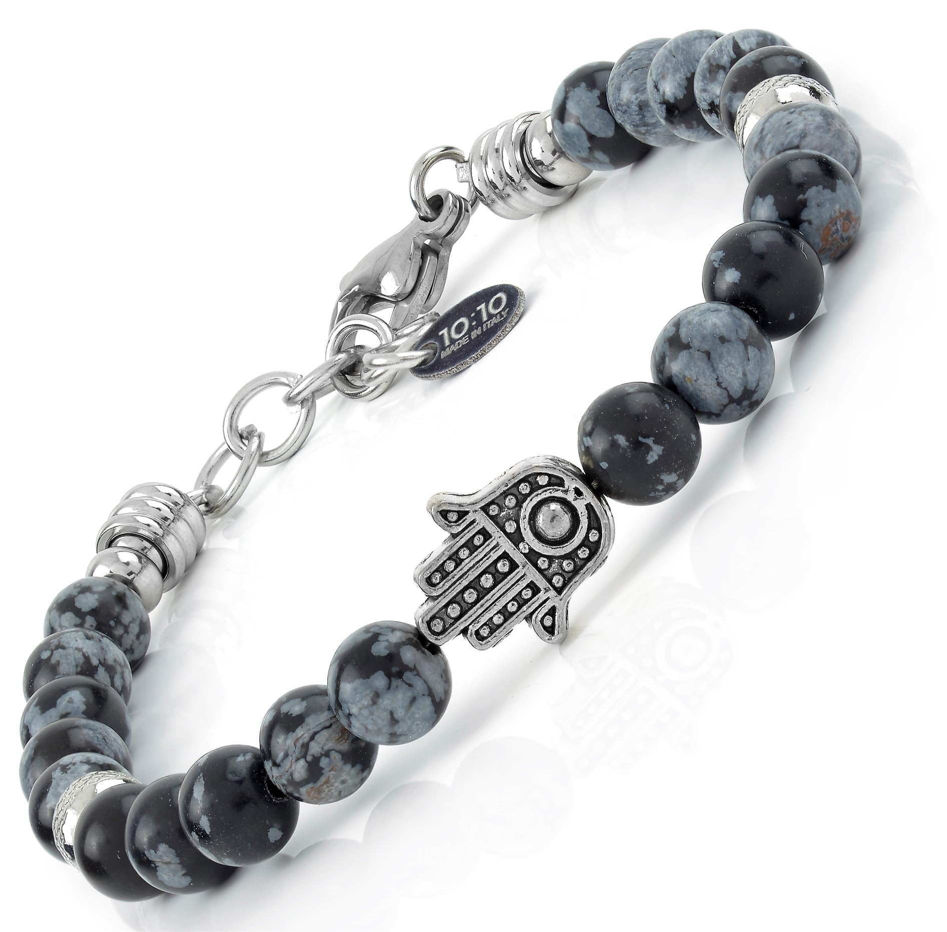 10:10 Fatima Hand Bracelet with 6mm Natural Stones - Very Strong Bracelet Made in Italy, 20 cm, Stainless Steel Stone, snowflake obsidian