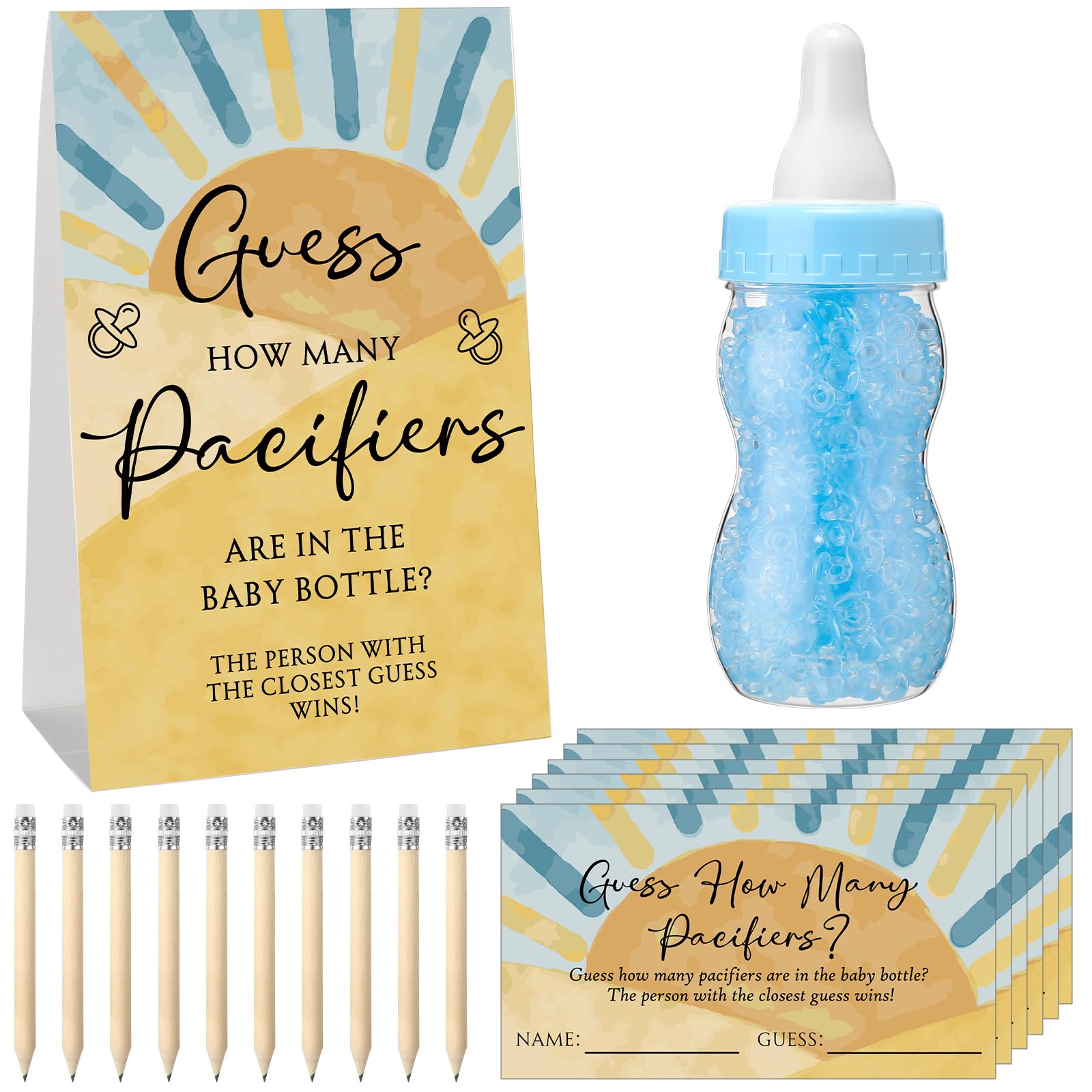 Photo 1 of Roowest 512 Pcs Baby Shower Games Guess How Many Pacifiers Sign 100 Small Guessing Games 10 HB Pencils 750ml Milk Bottle 400 Acrylic Pacifiers Decoration for Guest Gender Reveal(Blue,The Son)