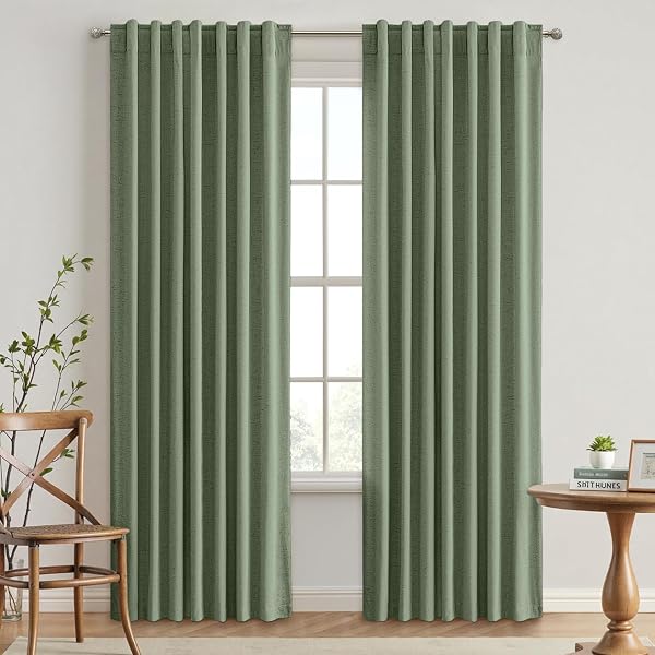 EMEMA OLIVE GREEN LINEN BLACKOUT CURTAINS 96 INCHES LONG 2 PANELS SET FOR BEDROOM BACK TAB THERMAL INSULATED 100% BLACK OUT DRAPES PINCH PLEATED HOOKS ROOM DARKENING WINDOW CURTAIN FOR LIVING ROOM