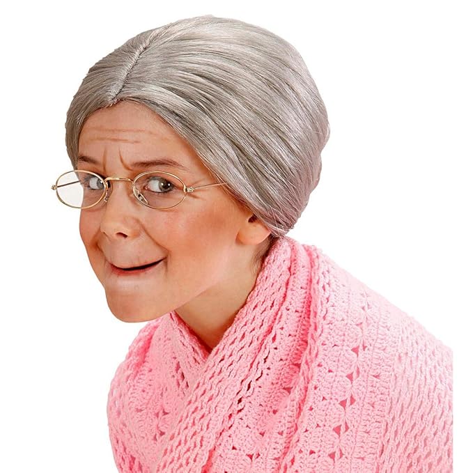 Children's Granny Wig with Bun, Grey Haired Strict Teacher Fancy Dress