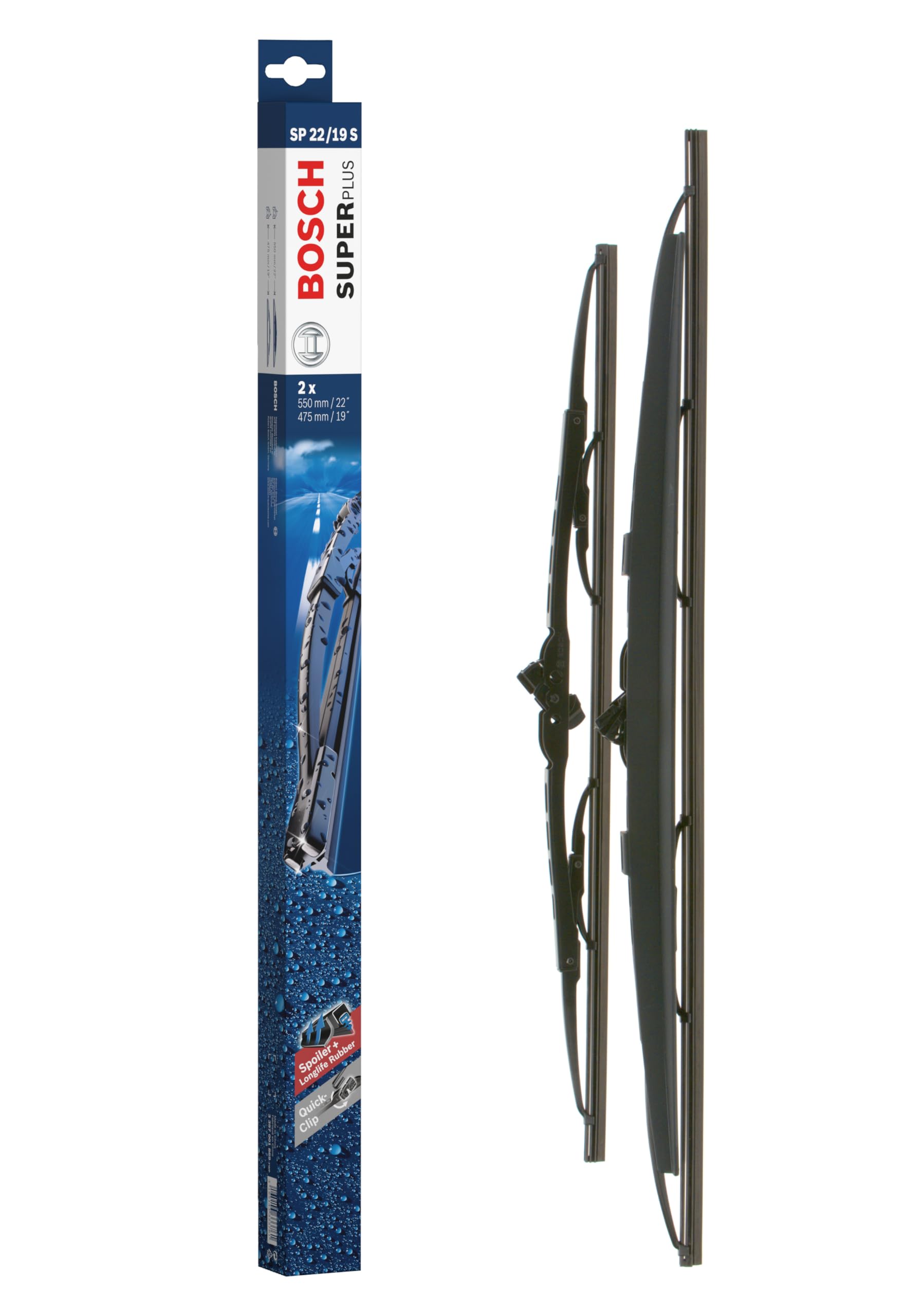 Bosch Wiper Blade Super Plus Spoiler SP22/19S, Length: 550mm/475mm − Set of Front Wiper Blades