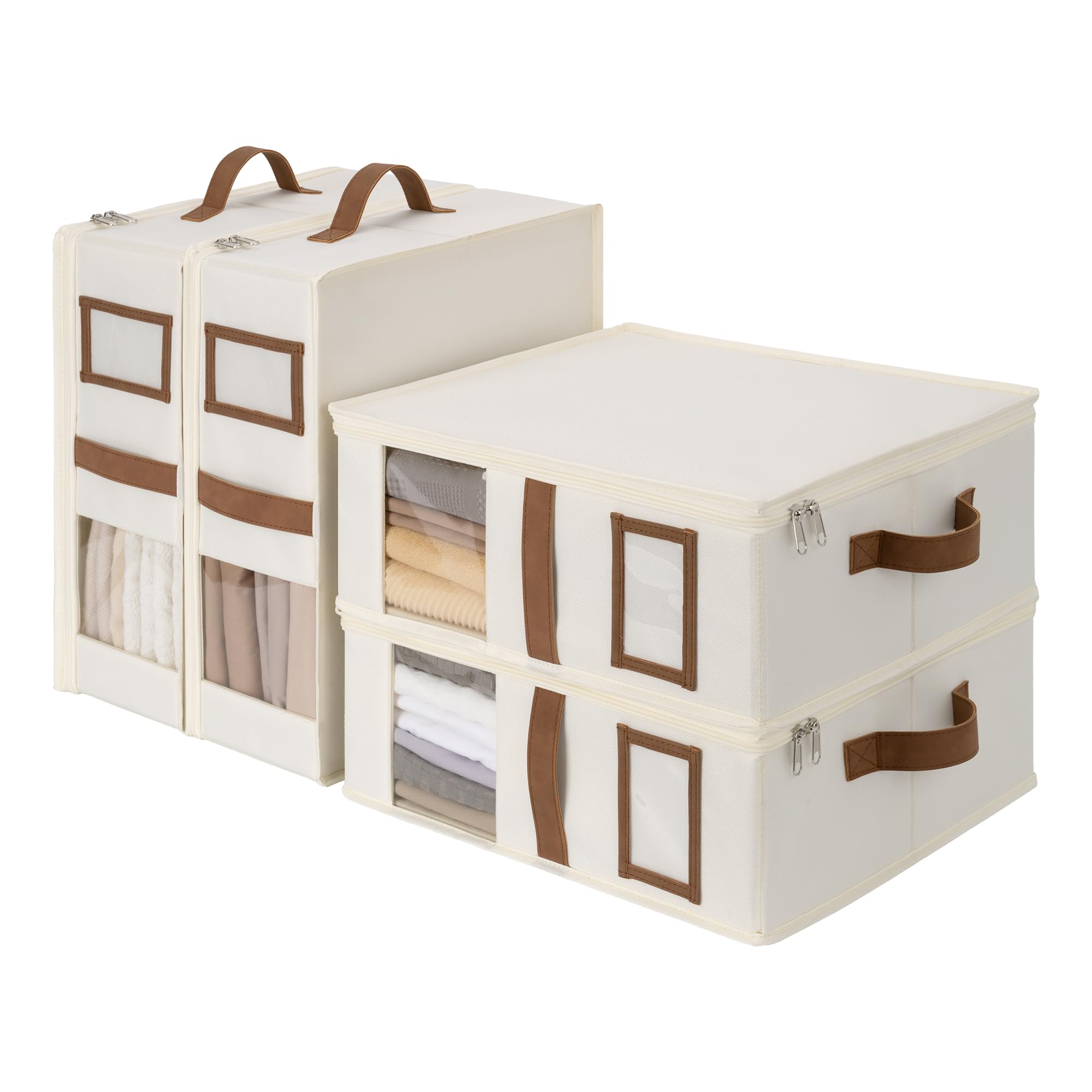 StorageWorks 4-Pack Bed Sheet Organizers and Storage, Foldable Bedsheet Holder for Linen Closet, Bedding Container with Handle, Beige, 15