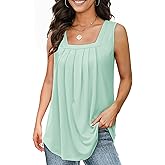 Tank Tops for Women Summer, Loose Fit Pleated Square Neck Sleeveless Tops Flowy Blouse Going Out Tops Basic Shirts (Lake Green, S)