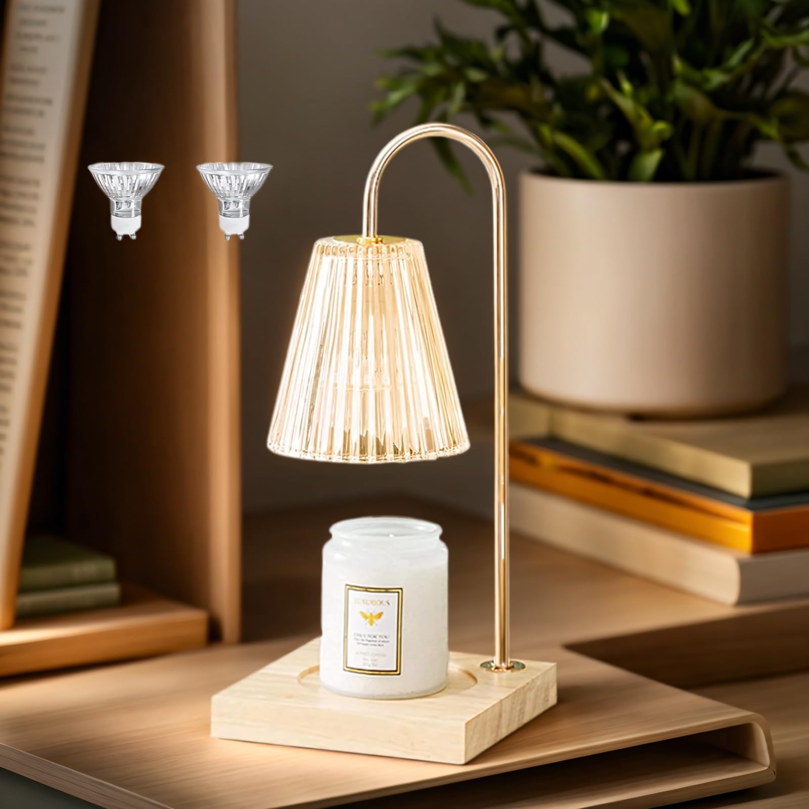 OKYUK Electric Candle Warmer Lamp – Dimmable Wax Melter with 3 Timer Settings, 2 Halogen Bulbs & Solid Wood Base, Champagne Finish, Mothers Day Gifts for Mom，Birthday, Home Decor（Champagne Timer）