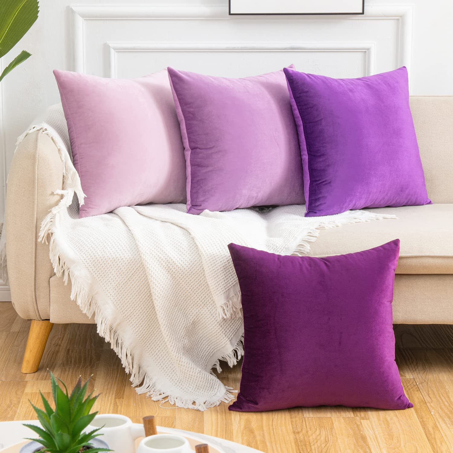 Yonous Gradient Colors Combo Set Cushion Covers, Premium Velvet Soft Square Decorative Throw Pillow for Sofa Bedroom Car, Set of 4, (18''x18'', Purple-Light Purple) — image 1